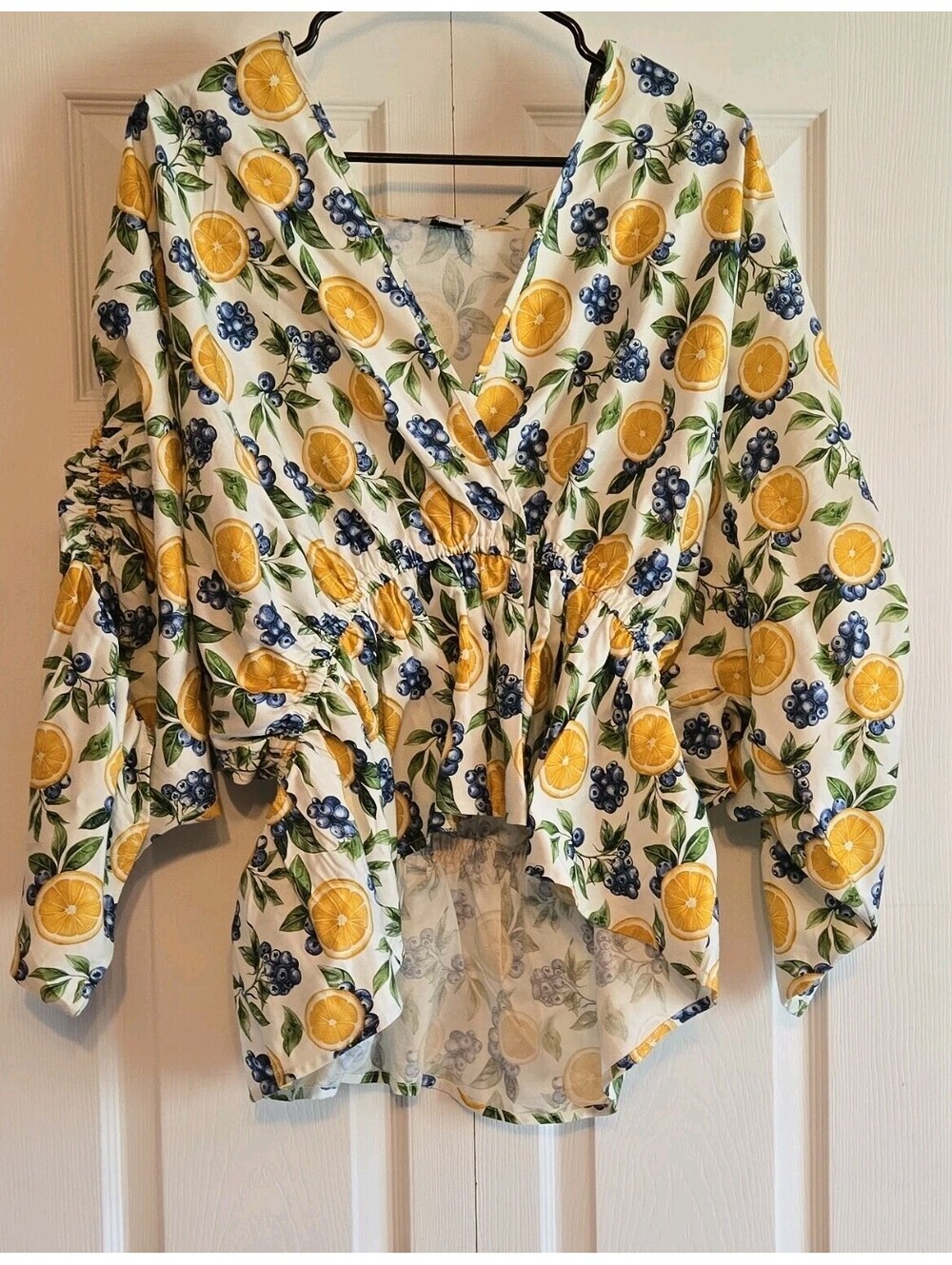 Maeve peplum L ruched V-Neck Blouse Linen blend lemon blueberry fruit
